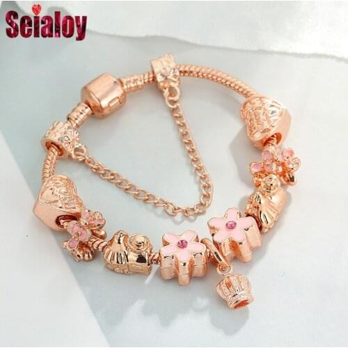 European Style Fashion Rose Gold Brands Bracelet Bangle Couples Magnolia Crown Bead Charm Bracelet For Women Lover Jewelry Gift