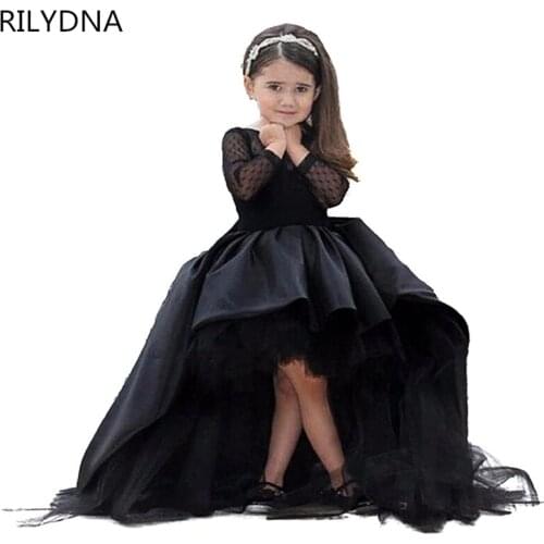 Black Flower Girl Dresses High Low Scoop Long Sleeves Floor Length Satin Tulle Ball Gown Kids Wedding Party Dresses