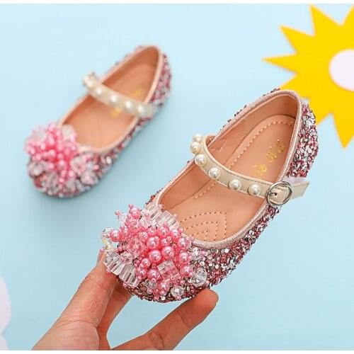 Children Leather Shoes 2021 New Fashion Sequins Pearl Flat Leisure Sneakers Girls Princess Flower Leather Shoes Kids Shoes E750