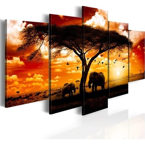 Home Decor 5 Set Hd Prints Elephant Poster Tree Pictures Wild Landscape Wall Art Modular Sunrise Canvas Painting Bedroom Frame