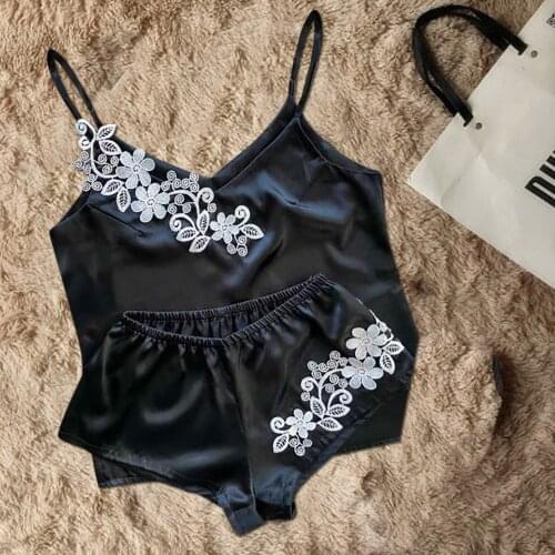 Erotic Lingerie Pajama Set Black Sling White Floral Embroidery Summer Sexy V-Neck Sleeveless Underwear for Women Nightwear