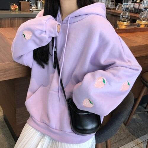 Harajuku Strawberry Embroidery Lavender Fleece Sweatshirt Autumn Winter Women Kawaii Loose Long Sleeves Tops Oversized Hoodies