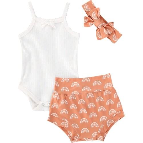 0-24M Summer Baby Girl Cotton Clothes Sets Baby Sling Ribbed White Sleeveless Romper Tops+Rainbow Printed Shorts+Headband