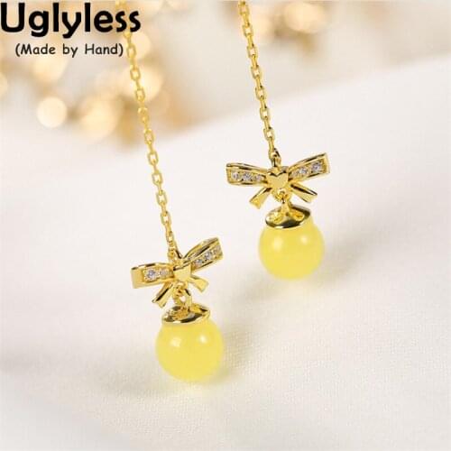 Uglyless Summer Dress Ear Lines for Women Fashion 925 Silver Earrings Crystals Bow Romantic Jewelry for Girls 925 Silver Amber