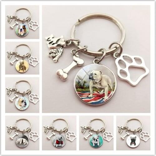 Fashion Bull Dog Keychain British Bulldog Keyring Round Hand Craft Glass Dome Keychains Key Rings For A Woman Bag