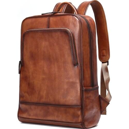 New mens color rubbing leather backpack retro 15.6-inch computer bag tree cream leather top layer cowhide backpack