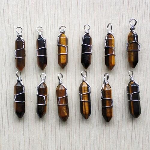 Wholesale 12pcs/lot fashion natural tiger eye stone pillar shape point Chakra charms pendants 8x32mm for jewelry making free