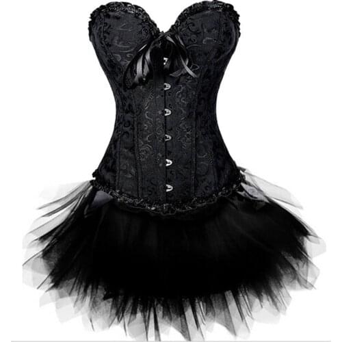 Sexy BurlesquGothic Satin Lingerie Lace Corset Top G-string Skirt Bustier Mini Tutu Wedding Dress Costume Black Corset S-6XL