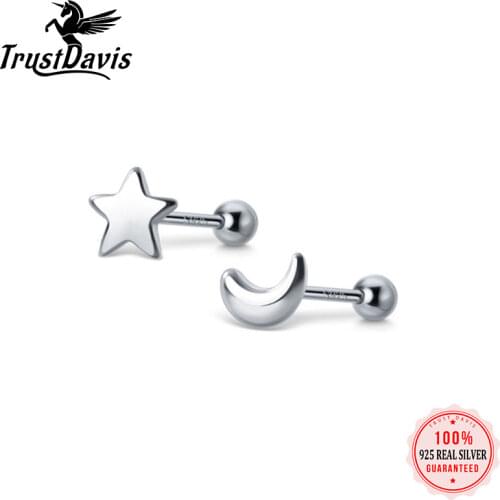 Trustdavis Real 925 Sterling Silver asymmetric Star Moon Screw Stud Earrings For Women Children Mini Minimalist Jewelry DS775