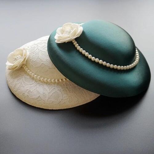Vintage Big Satin Wedding Hat Women British Pearl Flower Fascinator Hat Red Pink Green Lace Floral Cocktail Show Party Headdress