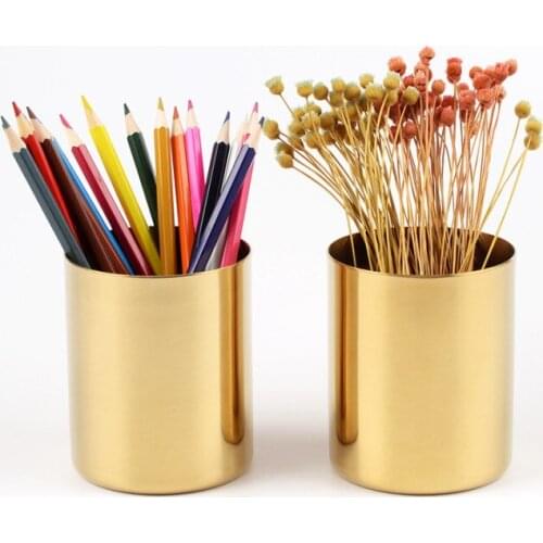 Nordic Gold Plating Vase Brass Round Pen Holder Metal Flower Arrangement Storage Cup Home Decoration