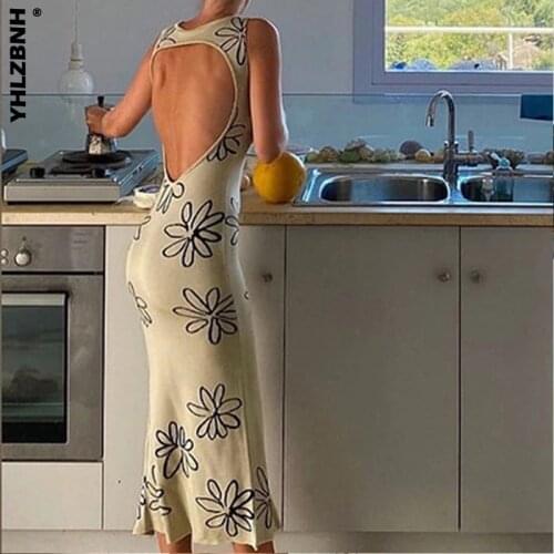 YHLZBNH Floral Print Backless Sexy Knitted Dress Split Side Party Bodycon Long Dress Robe Vintage Skinny Fashion Streetwear