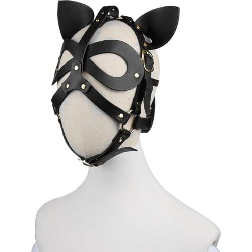 Adult Anime Cosplay Harness Bondage Head Hood Cat Ears Leather Mask for Face Women Men Couples Accessories Sex Toys Black Red