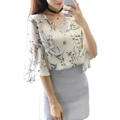 Office Lady Blouse Fashion Flower Print Half Flare Sleeve V Neck Chiffon Blouse Shirt Street wear Women clothing White xxxl
