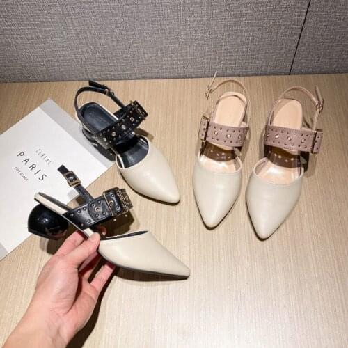 Pointed Toe rivets buckle belt modern sandals women 2021 summer mules shoes mixed color round heels gladiator sandalias mujer
