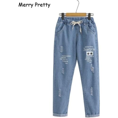 Merry Pretty Women Jeans Pants Letter Print Ripped Denim Pants 2019 Winter Elastic Waist Pockets Straight Jean Pants Mom Jeans