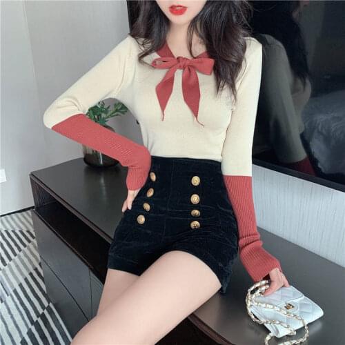 Woman Sweaters Womens Sweater Autumn Winter Contrast Color Long-Sleeved Sweater Bow Slim Top Clothes