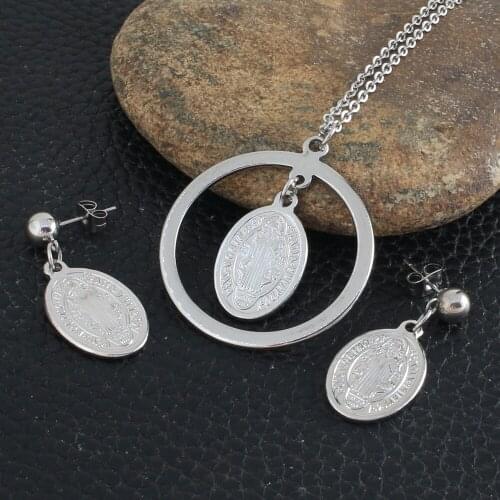 Fashion New Round Style Stainless Steel Jewelry Sets For Women Silver Color Pendants Necklace And Earrings SEUZBWBA
