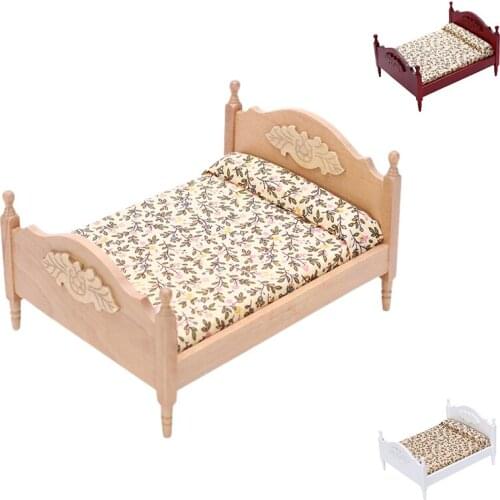 1:12 Mini Double Bed Model Life Scene Dollhouse Miniature Accessories Bedroom Doll House Furniture