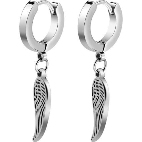1Pair 316L Steel Wings Pendant Earrings Silver Color Small Wing Hoop Huggie Earrings Circle Ear Ring Tassel Jewelry Never Fade