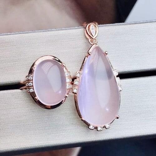 Per jewelry Natural real rose quartz drop jewelry set 1pc 7.5ct ring 1pc 15ct big necklace pendant 925 sterling silver J204783