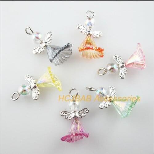 18Pcs Silver Plated Wings Mixed Flower Dancing Angel Charms Pendants 14x24mm