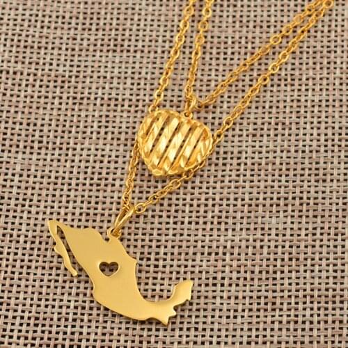 Anniyo Heart and Mexico Map Pendant Necklaces for Women Girls Gold Color Jewelry Mexican Maps #141006
