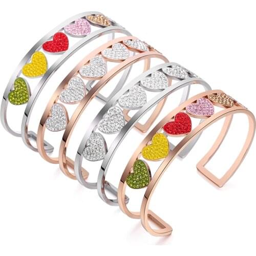 Stainless Steel Open Cuff Bracelets Bangles for Women Men Fashion Colorful Rhinestone Heart Jewelry Friendship Gift 2020 New