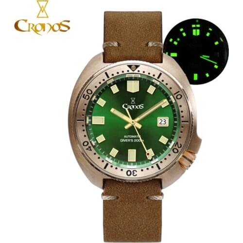 Cronos Men Turtle Diver Watch Bronze Luminous Automatic PT5000 SW200 Rotating Bezel Sapphire Crystal Leather Strap Mens Watches