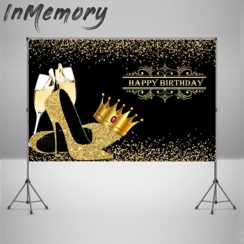 Black Gold glitter happy birthday custom background for photo studio Champagne birthday party decora supplies photo backdrops
