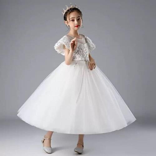 Flower Girl Dresses Short Illusion O-Neck Pearls Sequined Beading Crystal Princess Floor-Length Tulle Lace Kids Party Gown H419