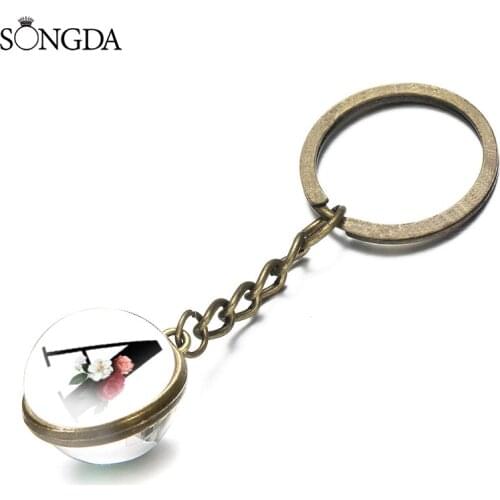26 Letter A-Z with Flowers Glass Dome Base Double Sided Keychain Beautiful Car Key Chain Birthday Gift for Women and Men Jewelry