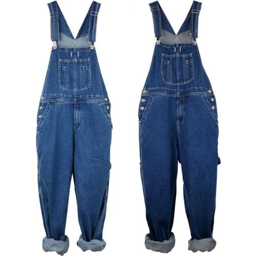Loose Jeans Men Overalls Bib Denim Jumpsuits Workwear Straight Big Pocket Wide Leg Cargo Pants Retro Blue Trousers Size 28 - 50
