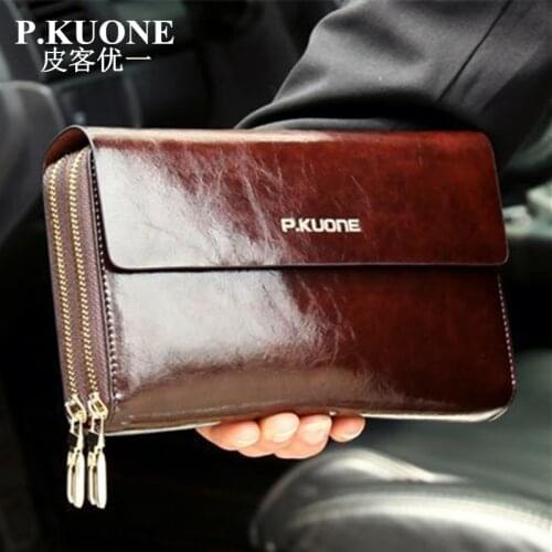 Hot Sale! New 2020 Luxury Shining Oil Wax Cowhide Men Clutch Bag Long Genuine Leather men wallets Double Layer Business Clutch