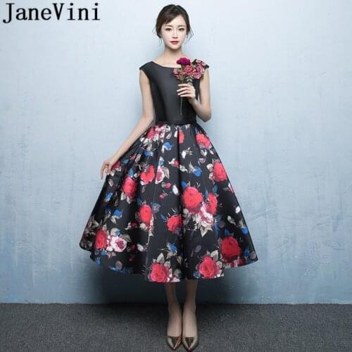 JaneVini Lebanon Flowers Pattern Bridesmaid Dresses Elegant Tea Length Satin Floral Prom Dresses Applique Sleeveless Formal Gown