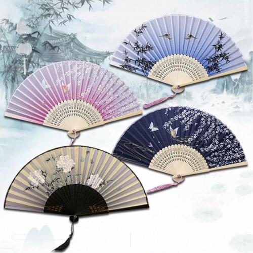 Chinese Japanese Folding Fan Wooden Shank Classical Dance Fan High Quality Tassel Elegent Female Fan