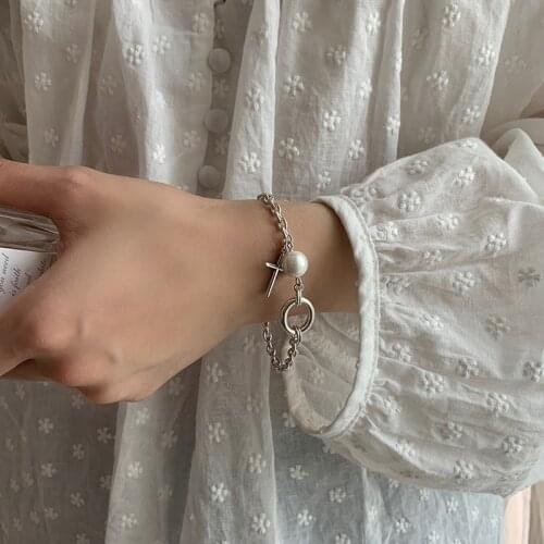 Korea Fashion Cross Pearl Ring Bracelet Ins Female Disco Dancing Temperament Light Luxury Cold Style Jewelry