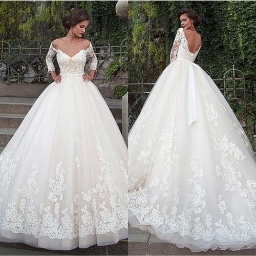 High Quality V-neck Applique Lace Wedding Dress With Three Quarter Sleeve Tulle A-line Bridal Dresses robe mariage femme