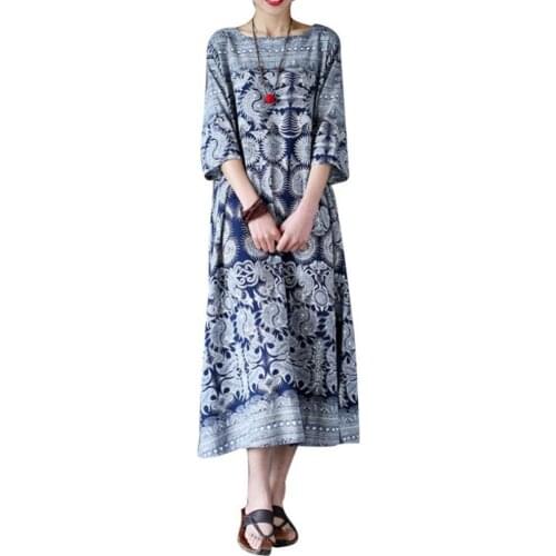 Summer dress Plus Size Women Dress Oversized 3/4 Sleeve Floral Printed Tunic Baggy Kaftan Long Dress robe femme женское платье