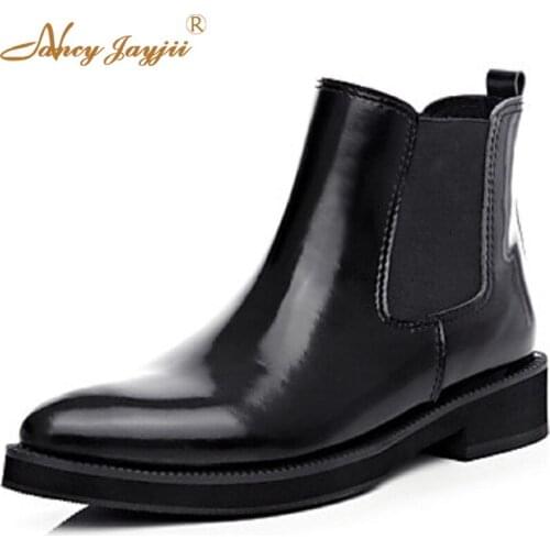 Fashion Black Womens Patent Leather Round Toe Ankle Boots Low Heeled Chelsea Slip On Dress Office Sewing Shoes Nancyjayjii 4-16
