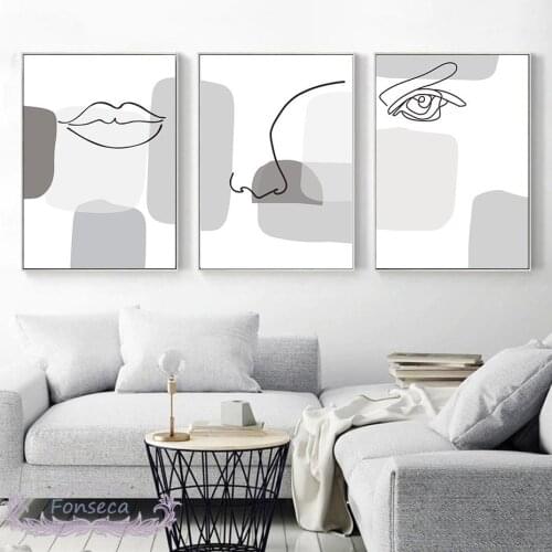 Black Sketch Eye Nose Lip Wall Art Picture Abstract Grey White Geometric Block Canvas Painting Decorative Poster for Living Room