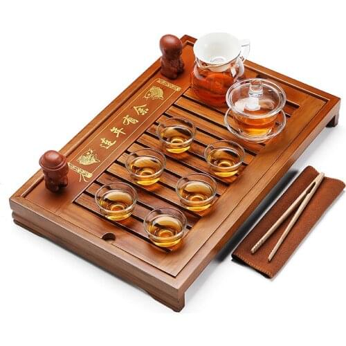 New Arrival chinese Kung fu tea set Heat-resistant glass tea sets with Bamboo Water storage tray whole set