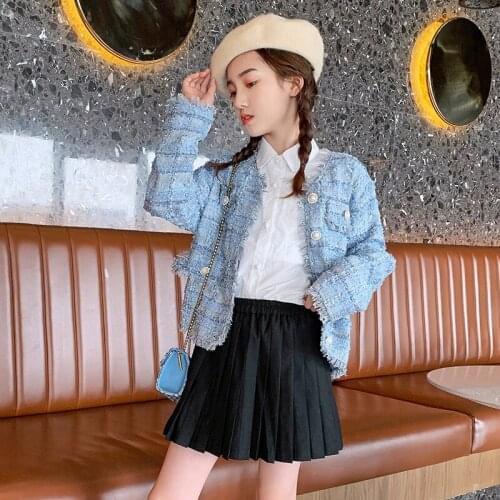 Autumn Girls Short Coat Korean Style Pink Blue Plaid Jacket Children Long Sleeve V-neck Tops Teenagers Kids Cardigan Coat 8 10 Y