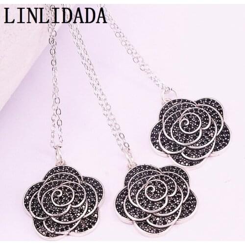 4Pcs Black CZ Cubic Zirconia Flower Pendant Necklace For Women Jewelry Party Gift