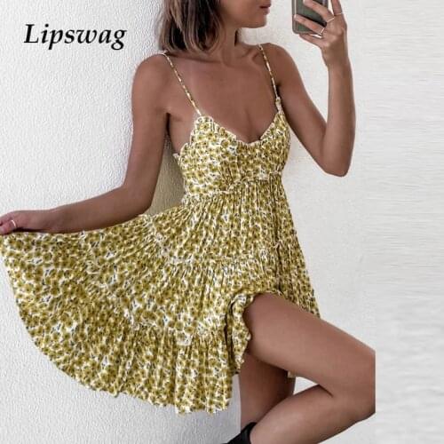 Sexy Backless Ruffle A-Line Party Dress Women Elegant V-neck Sleeveless Straps Mini Dress Summer Lady Casual Loose Beach Dresses