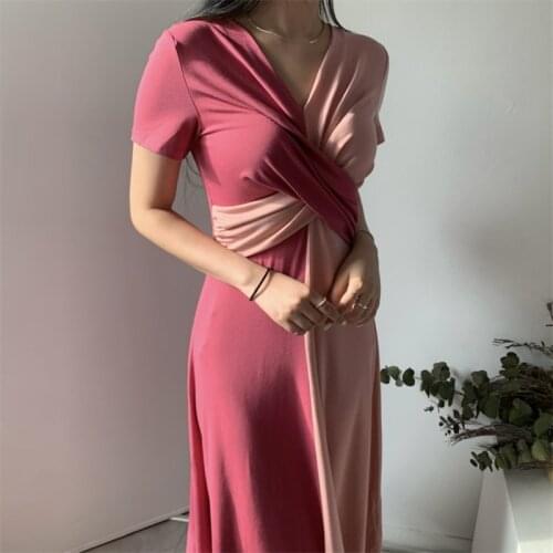 Retro Personality Stitching Contrast Color Knotted Mid-length French Dress