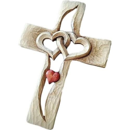 Carved Wooden Cross with Hollow Intertwined Hearts Hanging Love Couple Family Wall Decor Home Decoration 22.86X17cm LBS