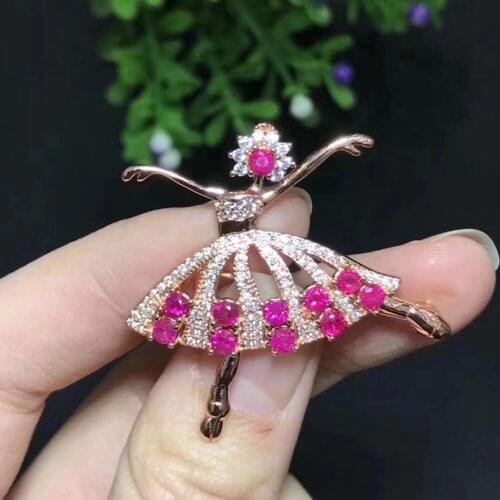 Natural red ruby gem Elegant Graceful lovely dancing girl brooch Pendant natural gemstone brooch S925 silver women gift jewelry