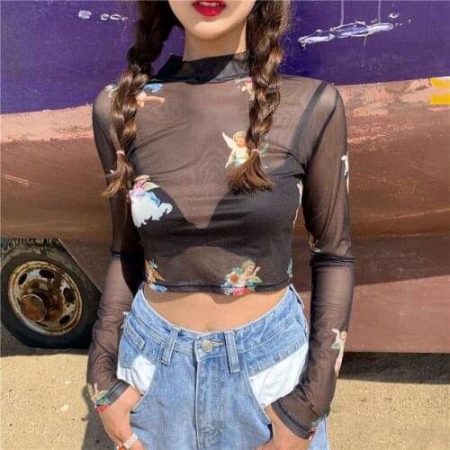 Floral Print Sheer Blue Black Mesh Long Sleeve Blouse Shirts Women Spring Summer Pullovers Elegant Sexy See Through Tops