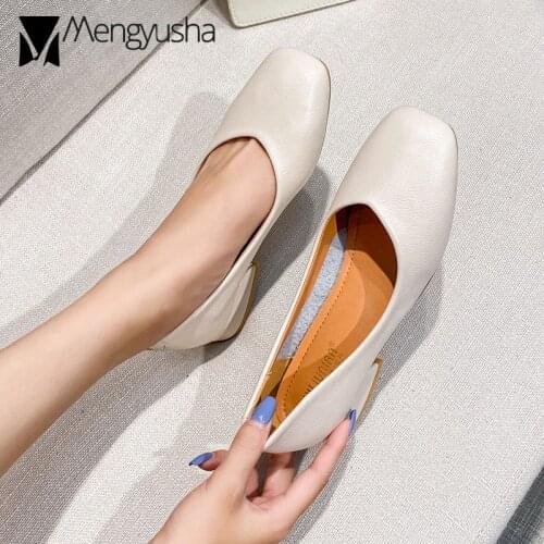 Metal decoration chunky heel pumps women brief style square toe OL shoes soft leather chaussure femme mules big size 41-43